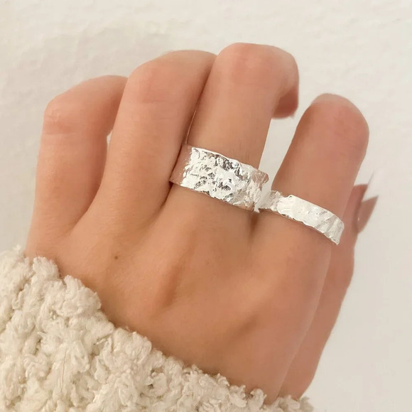 925 Sterling Silver Set of 2 Foil Rings Textured Ring Band Minimalist Ring - Picture 1 of 15